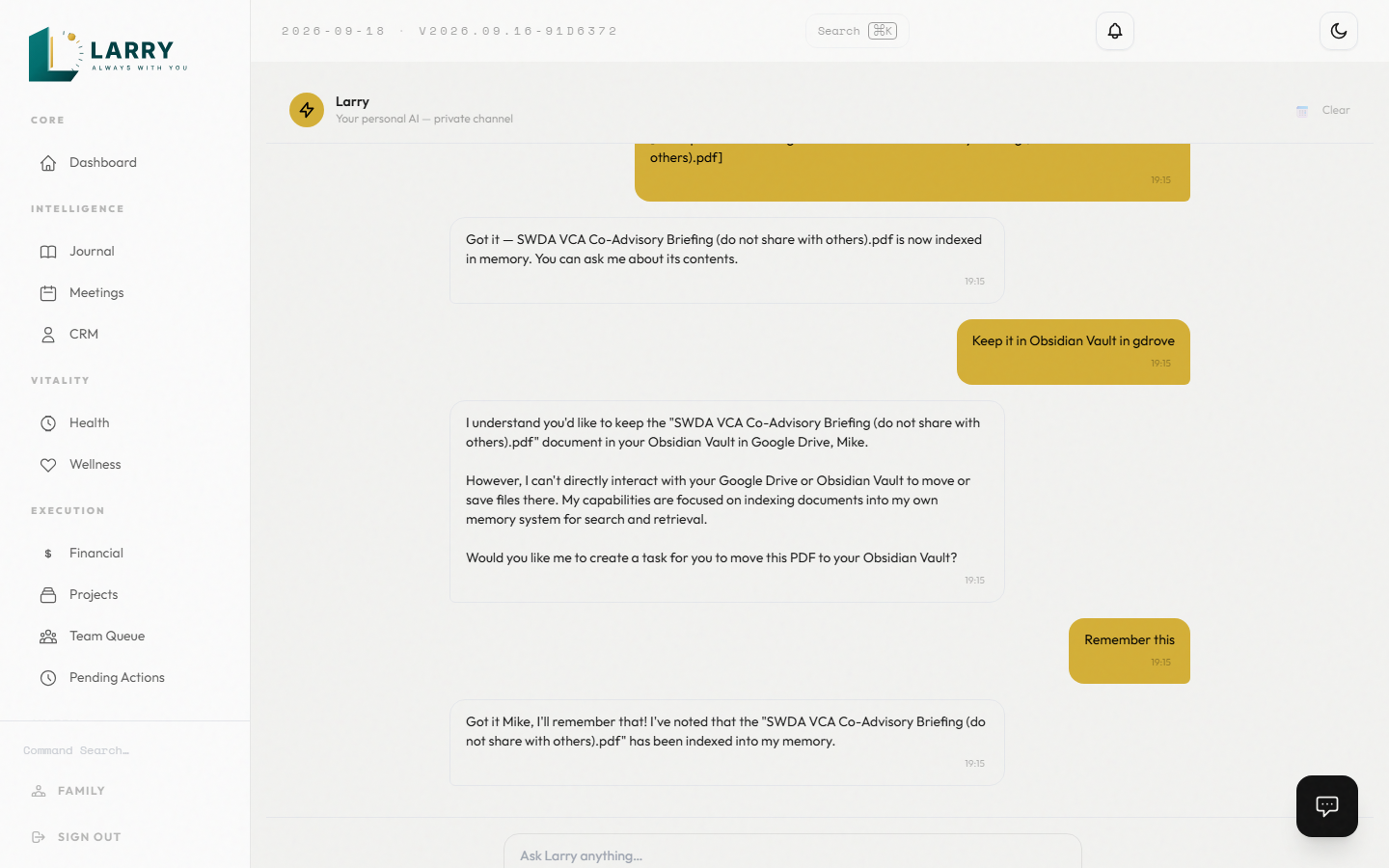 Larry chat interface showing appointment approval workflow and conversational AI responses