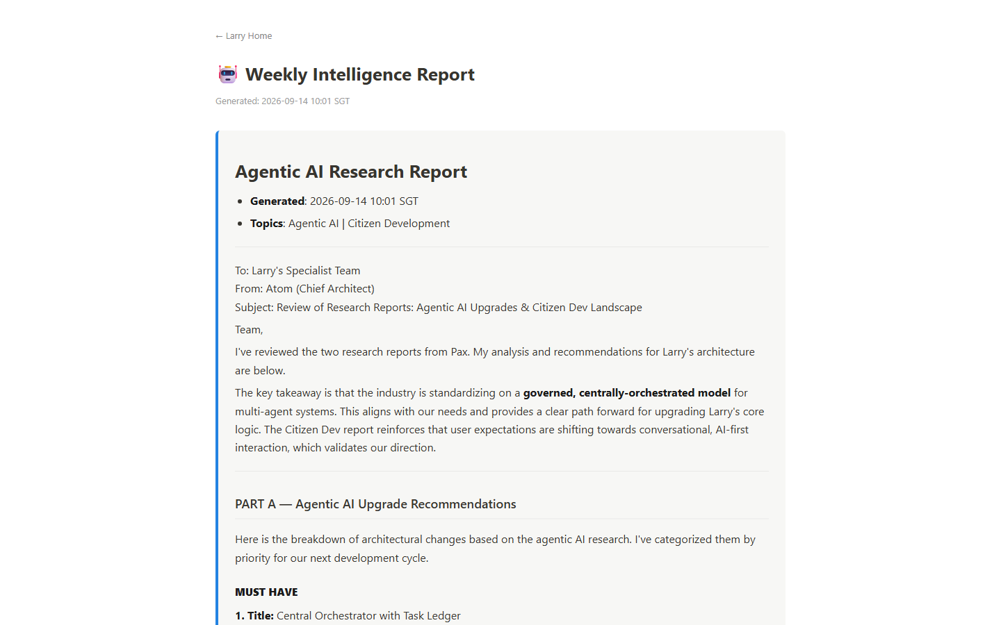 Larry Weekly Tech Intelligence report showing AI, SaaS, and cybersecurity synthesis
