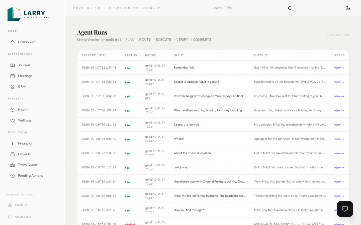 Larry Agent Runs log showing scheduled automation history with status and output
