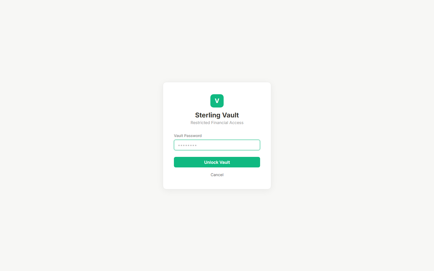 Sterling Vault restricted financial access screen requiring a separate vault password
