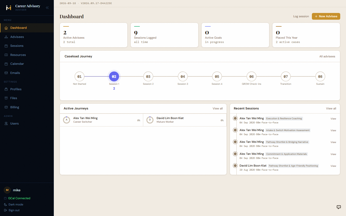 Max adviser dashboard showing KPI cards, 8-stage journey pipeline, active journeys and recent sessions