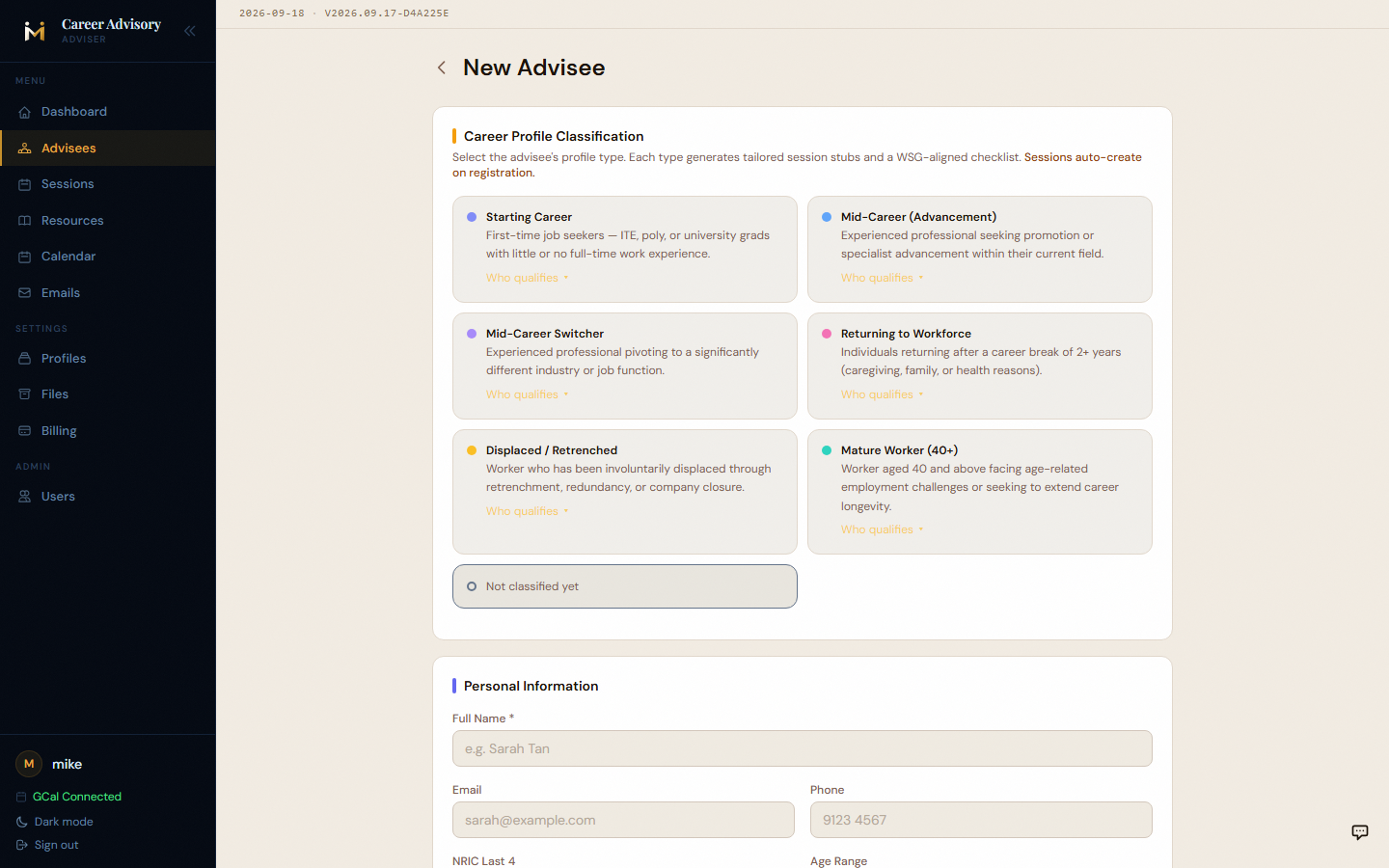 New advisee career profile classification screen showing 6 profile types