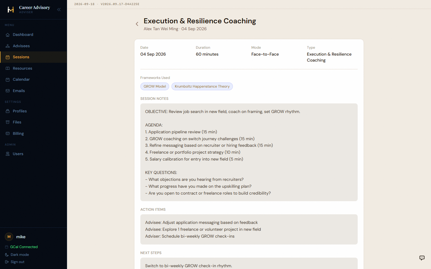 Advisee session detail view showing open action items, session log sidebar, and full session notes with frameworks used